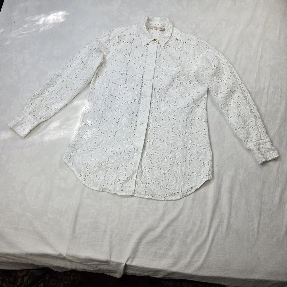 TORY BURCH White Eyelet Cotton‎ Hidden Placket Shirt Size XS